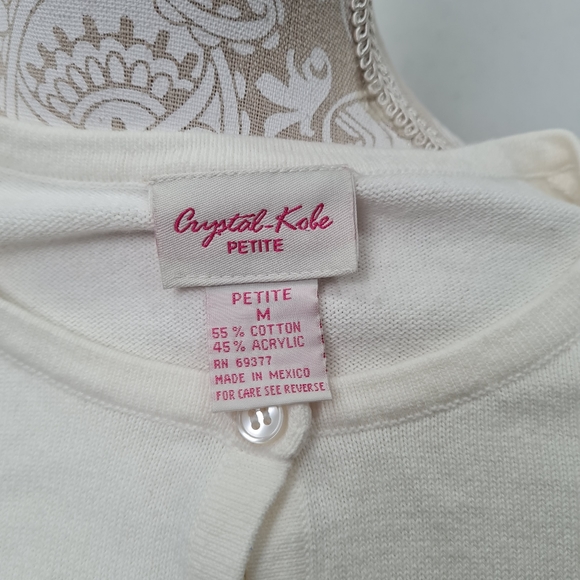 Crystal-Kobe Women's White Sweater Cardigan Pink Flower Embroidery Petite M - Picture 12 of 16